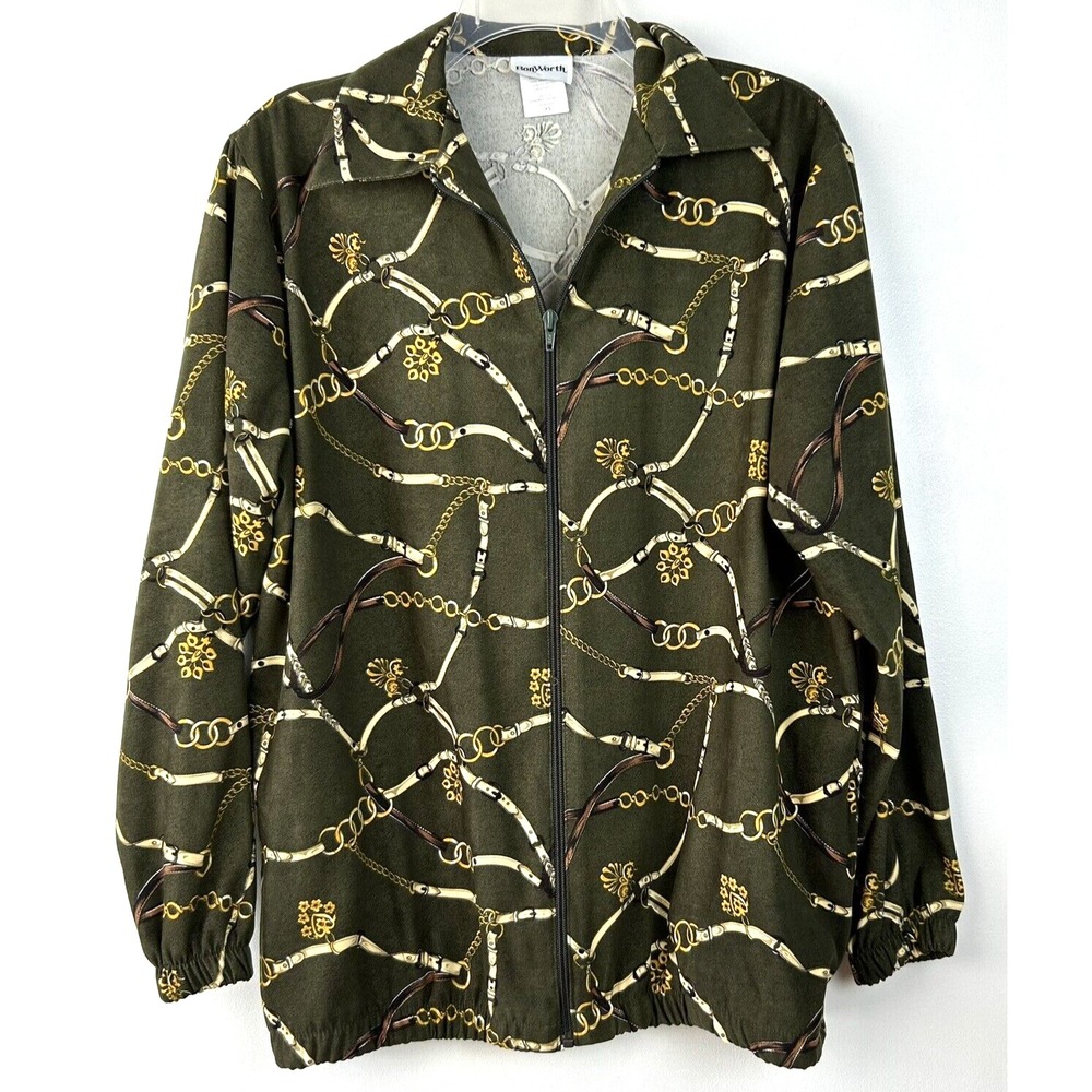 Vintage Jacket Women XS Oversized Belts Chains Horses Zip Equestrian Green Read
